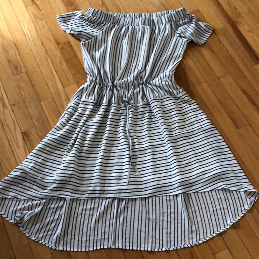 Off the shoulder, high low dress.
